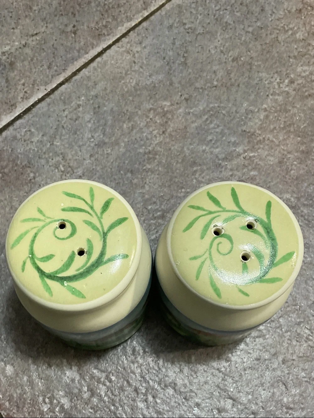 Hand-Painted Ceramic Salt and Pepper Shakers - Cream and Green